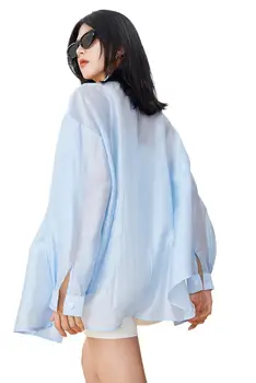 Блузка большого размера Женская 2023, Весенняя мода, отложной воротник, Модная однотонная Легкая рубашка оверсайз, куртка, Солнцезащитная рубашка