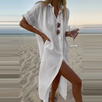 Длинное платье для женщин 2023 Летнее Однотонное Повседневное Хлопчатобумажное льняное платье-рубашка с коротким рукавом, Пляжная женская одежда, Y2K Vestido Robe