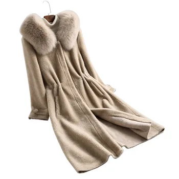 Женская новая зимняя длинная одежда, шуба из натуральной овечьей шерсти, воротник из натурального лисьего меха, куртка для дропшиппинга с капюшоном sr715