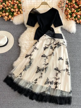 Женский комплект из двух предметов с вышивкой бабочкой, Элегантная сетчатая длинная юбка с высокой талией + вязаный диагональный воротник, черный топ, костюмы