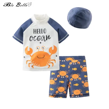Комплект одежды для мальчиков с рисунком краба, Короткий рукав, Летний Пляжный серфинг, Детский комбинезон для мальчиков, Купальник с шапочкой
