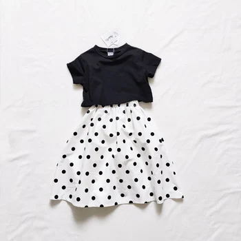 Комплекты детской одежды, Новая Летняя Свободная футболка + Длинная юбка в горошек из двух предметов Для Маленьких девочек, Повседневные юбки в стиле 