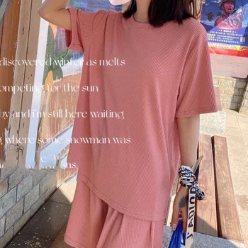 Корейская летняя пижама Женская Одежда для сна из шелковой ткани из 2 предметов, повседневный свободный комплект домашней одежды с коротким рукавом, пижамы