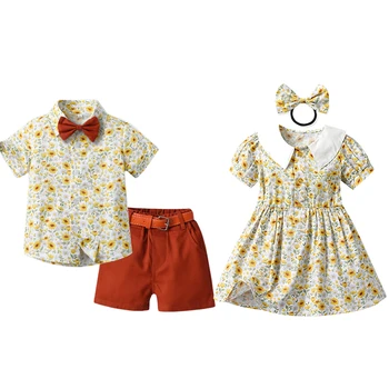 Летняя одинаковая одежда для семьи Брата и сестры, детский комплект, костюм джентльмена для мальчиков + платье принцессы для девочек, одежда для малышей, праздничная одежда