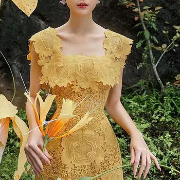 Нишевый дизайнер, весна 2022, водорастворимое кружево с квадратным воротником, женская одежда Sweet Entry Lux, платье с вышивкой
