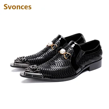 Новейшие черные Джентльменские модельные туфли с металлическим острым носком в стиле пэчворк и жемчуг, Дизайнерская Свадебная вечеринка, Брендовая Обувь на заказ, Мужские Большие Размеры