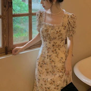 Повседневные вечерние платья с пышными рукавами Heydress 2021, Летнее винтажное платье с цветочным рисунком, женское элегантное платье миди на шнуровке в стиле французского ретро