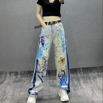 Свободные джинсы с буквенным принтом, женские модные уличные ретро-граффити, джинсы с высокой талией, женские повседневные женские джинсовые брюки XL